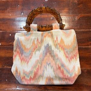 Vintage Handmade Multicolor Tote Bag with Thick Plastic Bamboo Style Handles